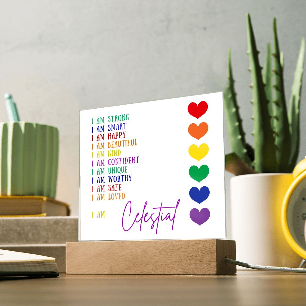 Custom Affirmations - I AM (Personalized) Acrylic Square Plaque LED Base (Rainbow)