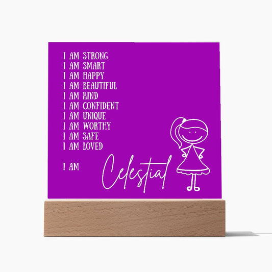 Custom Affirmations - I AM (Personalized) Acrylic Square Plaque LED Base (Purple)