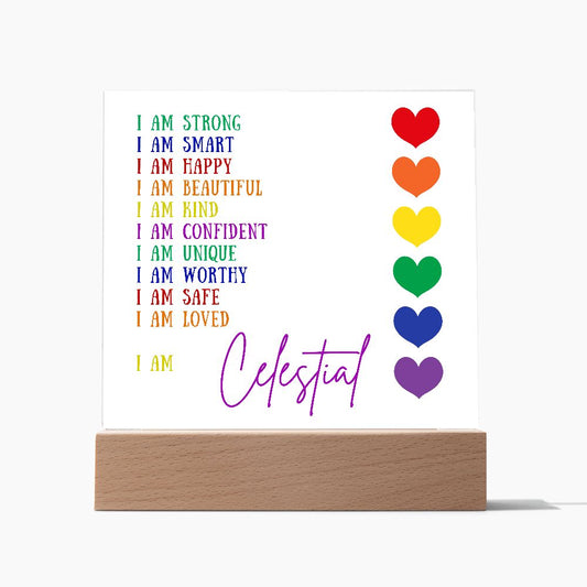 Custom Affirmations - I AM (Personalized) Acrylic Square Plaque LED Base (Rainbow)